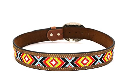 Embroidery Fabric Belt Aztec Print Men Women Cowboy Genuine Leather4