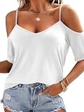 Eachyes Womens Summer Cold Shoulder Tops Low Back Short Sleeve V Neck T Shirts Sexy Casual B White Medium