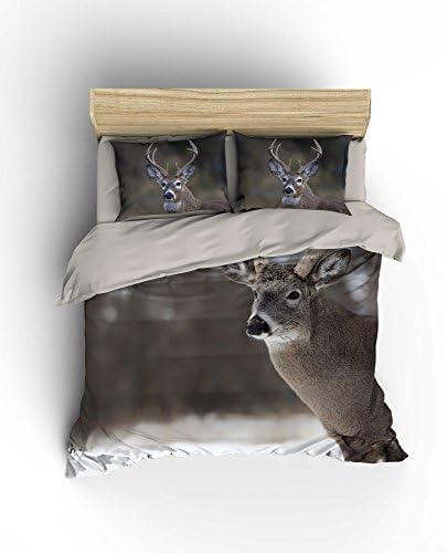 LaModaHome Wildlife Duvet Cover Set, 100% Cotton, Deer Walks in Snowy Day in Africa - Set of 3 - Duvet Cover and 2 Pillowcases for Queen Bed