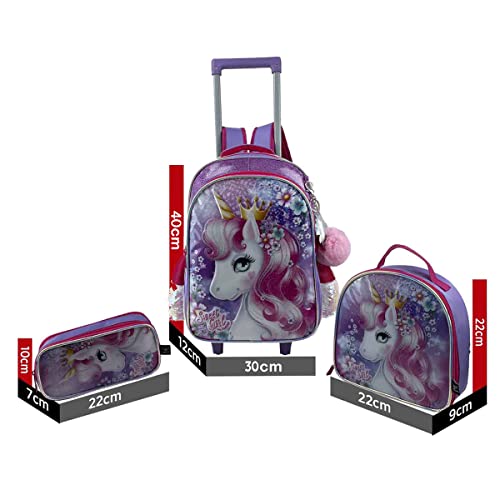 KIT MOCHILA ESCOLAR 2 RODAS LANCHEIRA E ESTOJO SWEET GIRL Cor:Lilas;tamanho:M;genero:Feminino