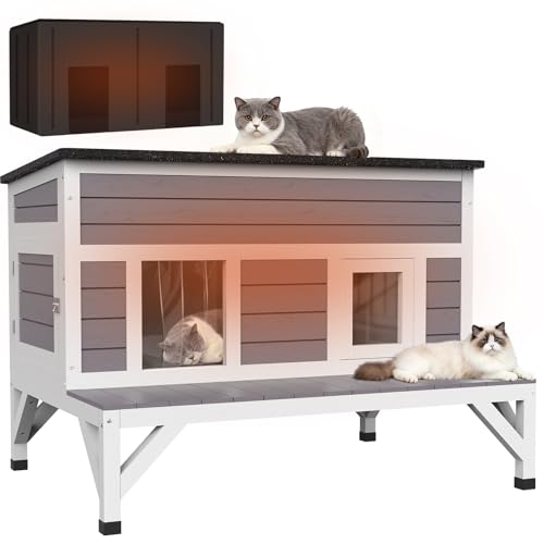 HomeSheek Cat House with Insulated Liner, Insulated Feral Cats Shelter Design with Platform, Weatherproof Kitty House Keep Warm in Winter for Outdoor Indoor Pets(Grey)