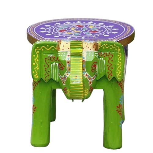 Image of Hand-Crafted and Colorful Emboss Painted Wooden Elephant Shape Stool Cum Gardan Table,Decorative Showpiece (8 Inches Height, Green)