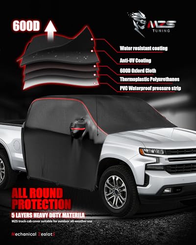 Image of MZS Cab Cover Compatible with Silverado Sierra 1500 Crew Cab 2015-2026, 600D Waterproof Truck Half Cover with Driver Door Zipper Antenna Hole, All Weather Rain Snow UV Protection Car Cab Covers