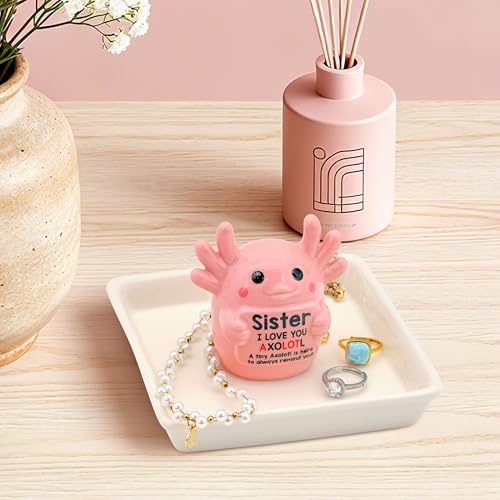 Image of Sister Birthday Gifts for Sister, Pink Ceramic Axolotl Ring Holder Dish | Cute Pink Axolotl Jewlery Tray with 'I love you axolotl' Birthday Christmas Gift for Sister from Brother