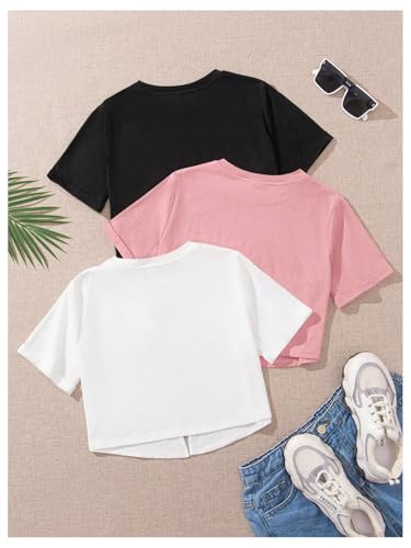 Image of OYOANGLE Girl's 3 Pack Short Sleeve Crop Top Tee Shirts Set Twist Hem Summer Casual Tees