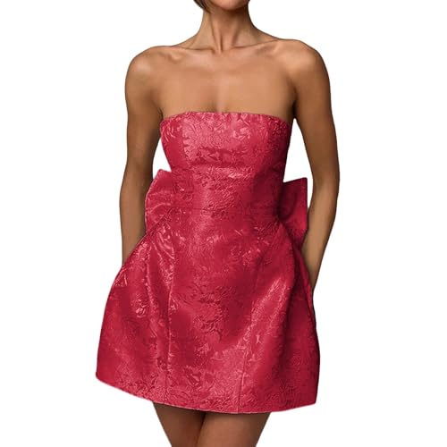 Image of ZGMYC Jacquard Satin Homecoming Dress with Bow Elegant Strapless Mini Dress A Line Short Prom Dresses Party Gown Bright Red