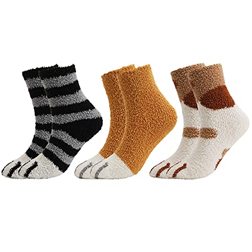 Qkurt 3 Pairs Slipper Socks For Women Girl, Winter Indoor Socks Fuzzy Fluffy Home Socks Soft Cat Claw Sleeping Socks #TOP3