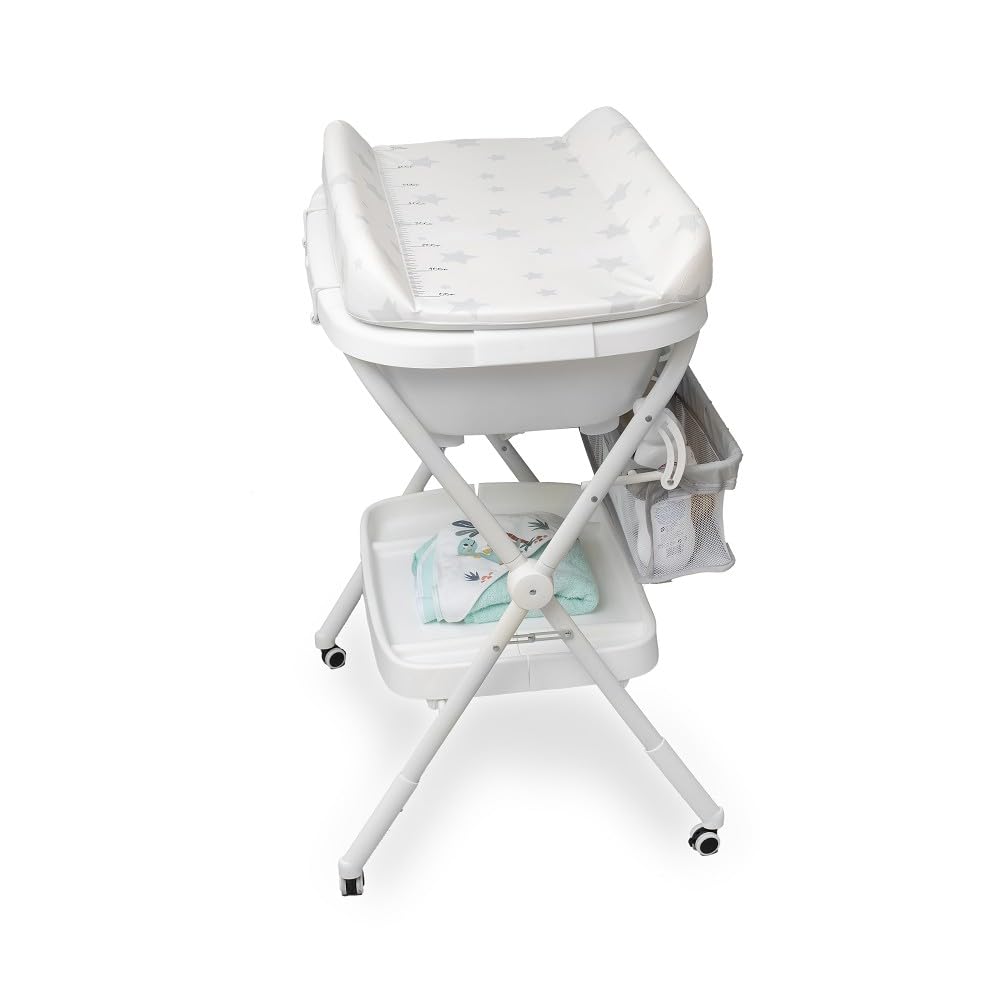 Interbaby Bañera Bebé Cambiador Plegable Patas, Ruedas, Hamaca (Dino) | Bañera con cambiador 2 en 1, hamaca anatómica extraíble, patas antideslizantes, altura ergonómica, portátil
