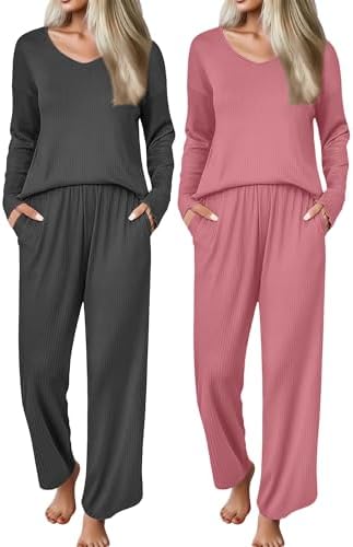 Ekouaer 2 Pack Womens Ribbed Knit Pajama Sets V Neck Soft Lounge ...