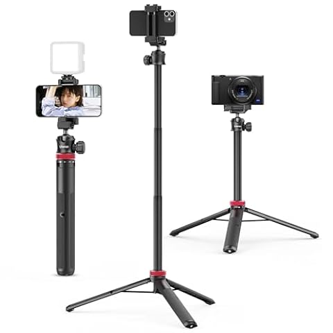 ULANZI Wysuwany statyw do telefonu MT-44, 149.9 cm Selfie Stick Phone Vlog statyw z klipsem do telefonu 2 w 1, statyw z głowicą kulową 360° do iPhone'a, Sony, Canon, GoPro, lekki do podróży