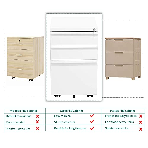 Yitahome 3-Drawer Mobile File Cabinet With Lock, Office Storage Filing Cabinet For Legal/Letter Size, Pre-Assembled Metal File Cabinet Except Wheels Under Desk-White #TOP6