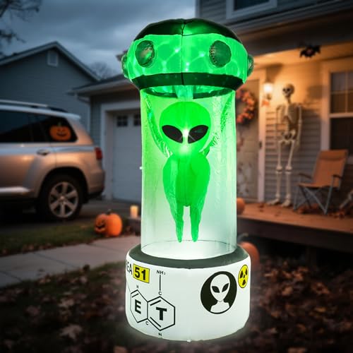 DearSun 8FT H Towering Halloween Inflatable Alien Huge Halloween Outdoor Decoration Blow Up Area 51 UFO Alien with Built-in LED Light Strong Blower for Large Party Yard Decoration