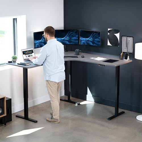 Image of VIVO Dark Gray 71 x 71 in Corner Standing Desk, DESK-KIT-E3CBG | Electric, Triple Motor, Holds 264 lbs, Sit Stand L-Shaped Table, Height Adjustable, Memory Presets, E3C Series, Black Frame