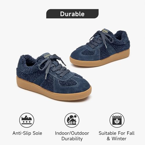 BEAU TODAY Sneaker Boots for Women,Fur Lined Winter Shoes for Women,Comfortable Platform Leather Retro OG Sneakers,Slip-on Tennis Runnig Trainer Shoes3