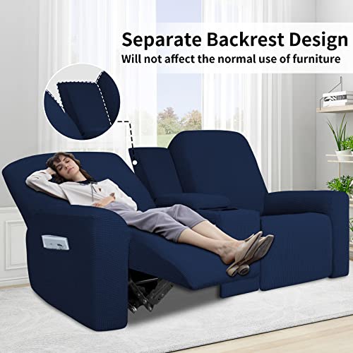 Image of Easy-Going 1 Piece Reclining Loveseat with Middle Console Slipcover | Stretch 2 Seater Loveseat Recliner Cover with Holder and Storage, Recliner Couch Sofa Cover, Furniture Protector Navy
