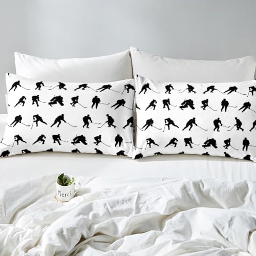 Ice Hockey Bedding Sheets for Kids Hockey Player Bedding Fitted Sheet Full Black White Bed Sheet Set Bedroom Decor Ball Game Bedding Collection 3Pcs,1 Fitted Sheet+2 Pillow Sham（No Flat Sheet） - Thumbnail 4