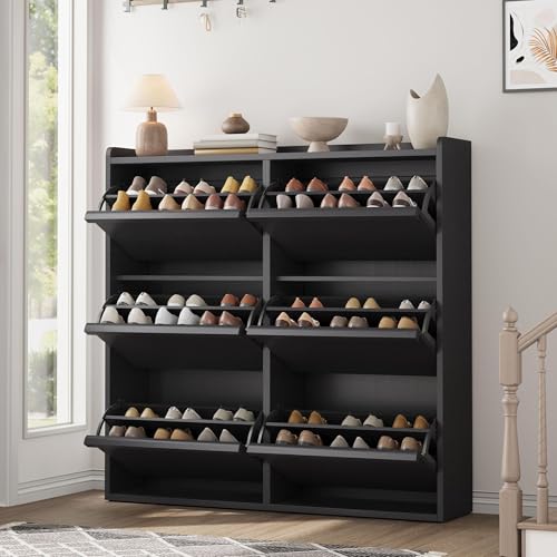 Patikuin Shoe Storage Cabinet with 6 Flip-Down Doors, Wooden Entryway Shoe Organizer with Adjustable Shelf, Hidden Hallway & Living Room Storage