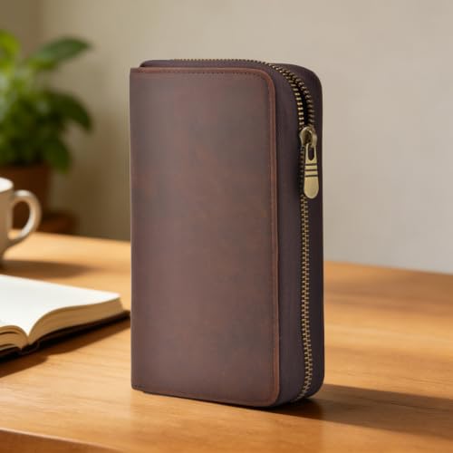 Image of Fountain Pen Leather Pen Case 10 Divided Slots, Rollerball Pen Holder Handmade Display Organizer Zippered Pouch