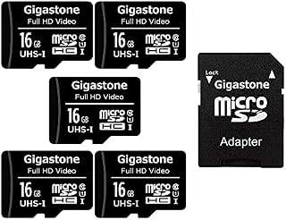 Gigastone Micro SD Card 16GB 5-Pack with 1x SD Adapter + 2x Mini-case, FHD Video, Surveillance Security Cam Action Camera Drone, 85MB/s Micro SDXC UHS-I U1 Class 10