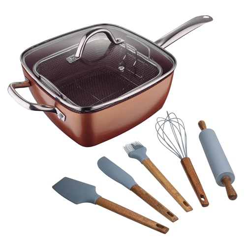 Juego de Sartén Cuadrada 24x24cm en aluminio prensado + Set de 5 utensilios de cocina de silicona y madera Optimum Copper Bergner
