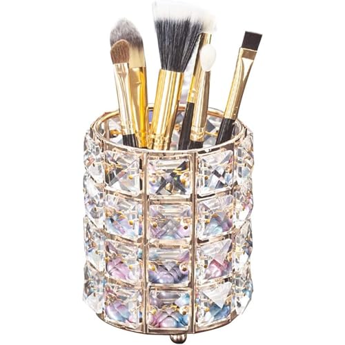 LUGUNU Makeup Brush Holder Organizer Crystal Vanity Decor Bling Personalized Comb Brushes Pen Storage Box Container (Gold 1 Pack)