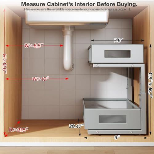 Image of 2 Packs 21IN Depth Under Sink Organizer, 2-Tier Pull Out Cabinet Organizer With Smooth Circular Rail, Large Capacity Metal Mesh Sliding Drawers For Bathroom& Kitchen Storage,Height Adjustable-Gun Gray