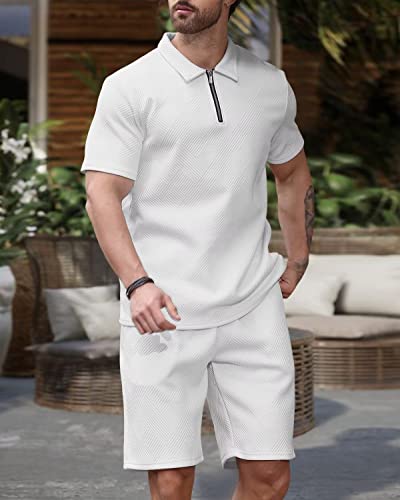 Seganup Mens Polo Shirt And Shorts Set Summer Outfit Fashion Casual Short Sleeve 2 Piece Zip Polo Tracksuit White M #TOP2