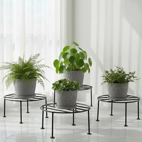 Image of Round Plant Stand (Pack of 4) | Galvanised Metal Flower Pot Holder | Rust Resistant Gamla Stand for Home, Garden & Balcony | Black