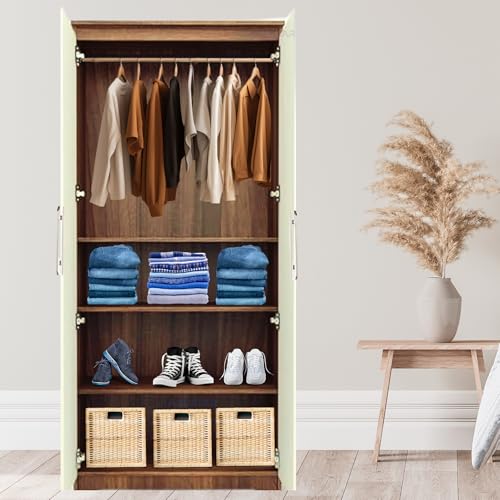 Image of AAVATAR 2-Door Wood Wardrobe with Shelves and Hanging Space for Bedroom, Wardrobe for Clothes, 2 Door Without Mirror (Colour - White & Yellow, Size 75 X 30 X 19 Inch)