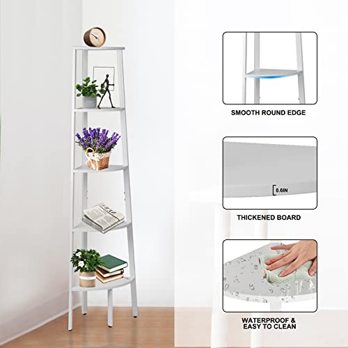 5 Tier Corner Shelf Stand, Corner Ladder Shelf Wood Display Rustic Bookshelf With Metal Frame Anti-Tilt Design Multipurpose Plant Stand For Living Room, Kitchen, Home Office (White, 62.3 Inch) #TOP2