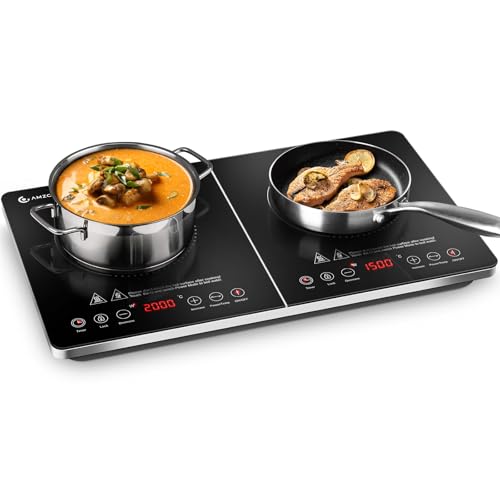 Induktionskochfeld 2 Platten, AMZCHEF Induktionsplatte Doppelt 3500W mit Unabhängigen Steuerungen, 20 Temperaturstufen, mehrere Leistungseinstellungen, Verbesserter IGBT, 4-Stunden-Timer