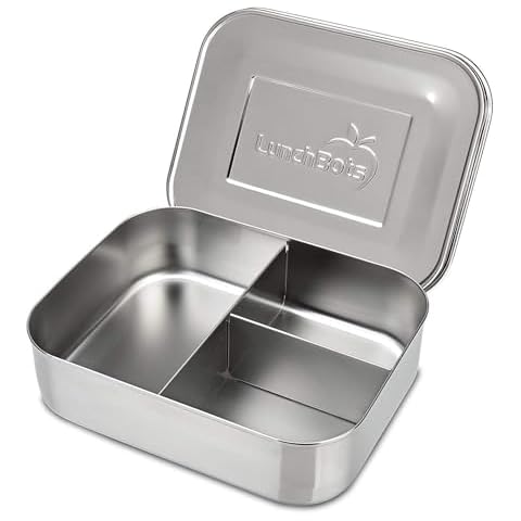 LunchBots Medium Trio II Snack Container - Divided Stainless Steel Food Container - 3 Sections for Snacks On the Go, Dishwasher Safe - Stainless Steel Cover