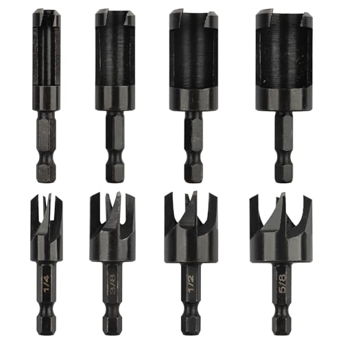 Rocaris 8 Pack Wood Plug Cutter Drill Bit Set, Straight and Tapered Taper Cutting Tool 1/4