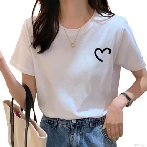 Women's T-Shirt, 100% Cotton, Cut and Sew Top, Short Sleeve, Loose, Plain, Half Heart, Large Size, Spring, Summer Clothing, Cute