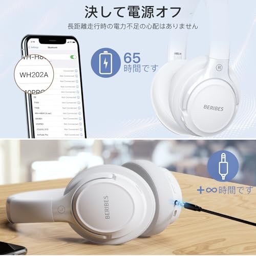BERIBES ヘッドホン bluetooth 65時間再生 6つのEQモード ワイヤレスヘッドフォン Bluetooth 6.0 重さはわずか180g 快適なフィット感 マイク付きヘッドホン HIFIステレオ 有線 無線 両用 遮音 密閉型（白） 商品画像6