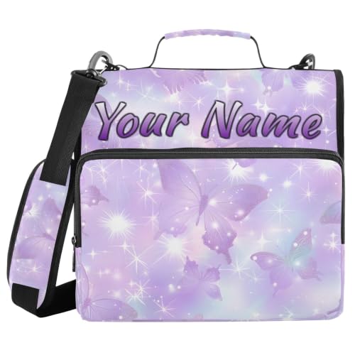 Image of Custom 3 Ring Zipper Binder Shiny Glitter Purple Butterflies Personalized Name 1.5 Inch Binders Large Capacity Multi Pockets for School Office Supplies