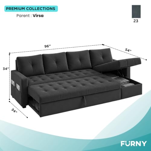 Image of FURNY Virsa 6 Person Seating RHS L Shape Sofawith Pull Out Bed & Storage Lounger | Premium Soft Velvet Suede Fabric | Comfort Cushions | Ideal for Living Room, Hotel & Office (Dark Grey)