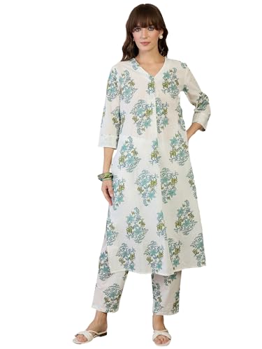 Image of INDO ERA Women's White Pure Cotton Printed Straight Kurta & Pant Set (KS0WH6702)
