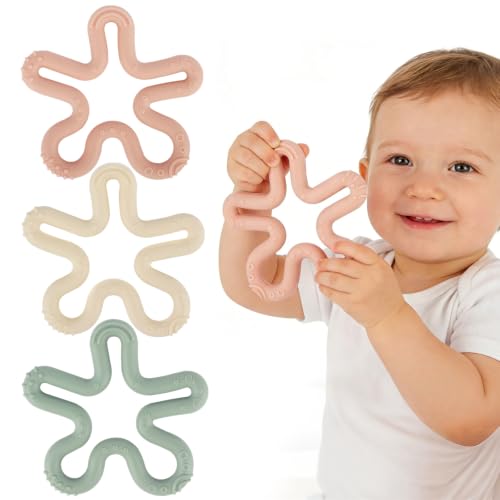 Image of Fu Store 3pcs Coral Flower Teether Ring Baby Teething Toys Silicone Teether | Baby Teether Ring Toys for Babies 0-6 0-12 0-24 0-36 Months Easy to Grasp Clean Infant Teething Relief Soothing Sore Gums