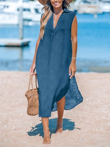 Image of CUPSHE Women's Swimsuit Coverup Casual Sleeveless Side Split Long Cardigans V Neck Midi Beach Dress