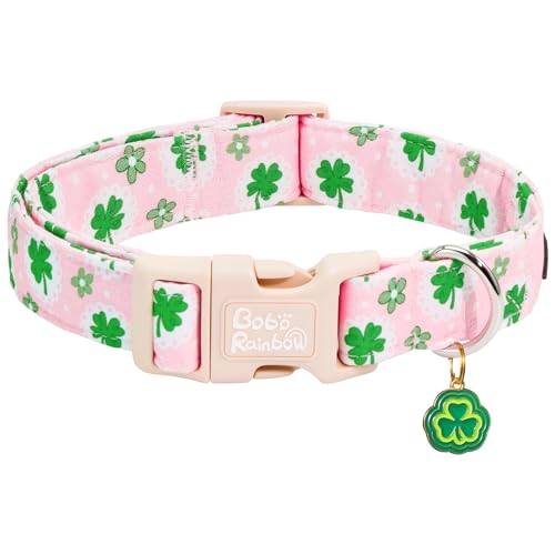 Image of St Patrick's Pink Four-Leaf Clover Dog Collar for Large Dogs | Daily Walks,Irish Parade,Spring Picnic Hiking,Adjustable,Soft Cotton Fabric,Quick Release Plastic Buckle,Pendant,Female Dog
