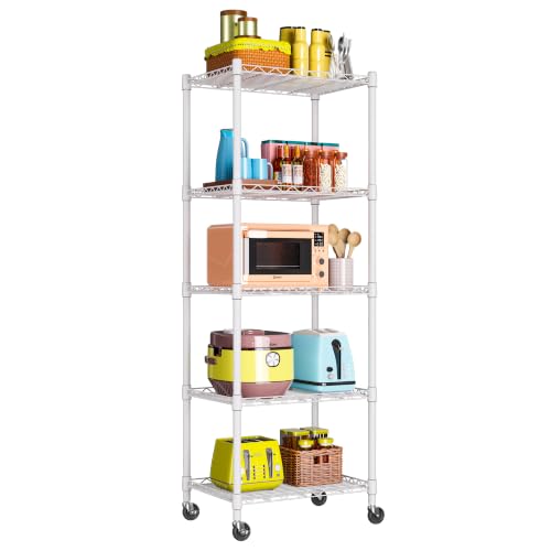 Image of REGILLER 5-Wire Shelving Metal Storage Rack Adjustable Shelves,Standing Storage Shelf Units for Laundry Bathroom Kitchen Pantry Closet(White,11.8 inch D x 16.6 inch W x 53.5 inch H,With Wheels)