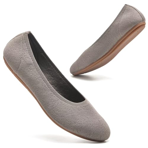 poemlady Women’s Ballet Flat Shoes Dress Shoes Knit Round Toe Slip On Ballerina Walking Flats Shoes for Woman Low Wedge Casual Comfort Soft, E/Khaki Size 6