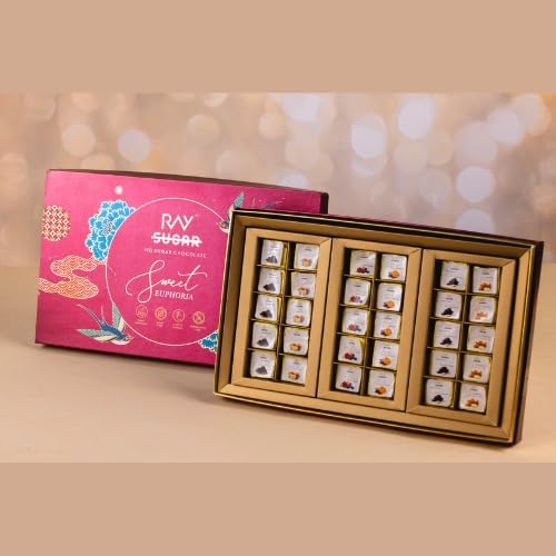 RAY Premium Dark Chocolate Valentine Gift Hamper, Euphoria Collection, No Sugar, 6 Variants, 300g Box with 30 Pieces, Festive Gift Pack