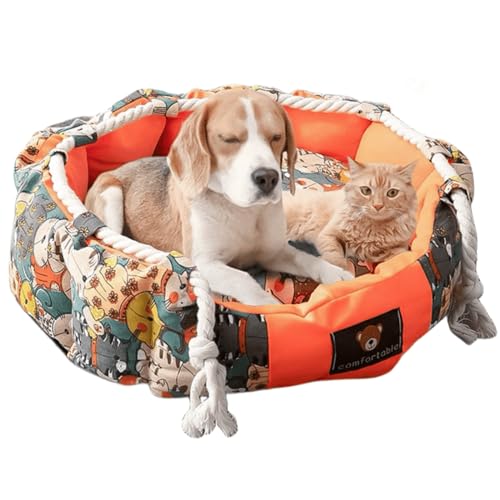 かわいいペットソファベッド 美しいソフトキャットベッド ラウンドドーナツ 室内猫と小型犬用 快適 洗える 滑り止め (オレンジ、XL)