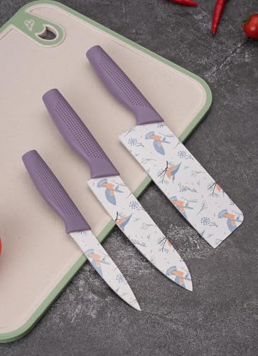 Image of Stainless Steel Knife Set - 3-Piece Chef, Utility & Paring Blades with Anti-Slip Handles & Color Coating | Sharp Kitchen Knives for Slicing, Dicing, Chopping (Purple)