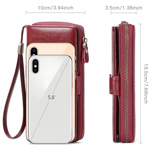 Genuine Leather Wallet for Women RFID Blocking Clutch Wristlet Purse Large Capacity Zip Around (Dark Red)4