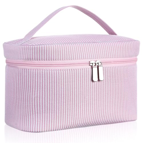 Huhumy Large Makeup Bag for Women Toiletry Bag, Aesthetic Cute Seersucker Cosmetic Pouch, Teen Gift for Her Mom Girlfriend Wife Teacher Aesthetic Skincare Brushes Storage Organizer(Pink)