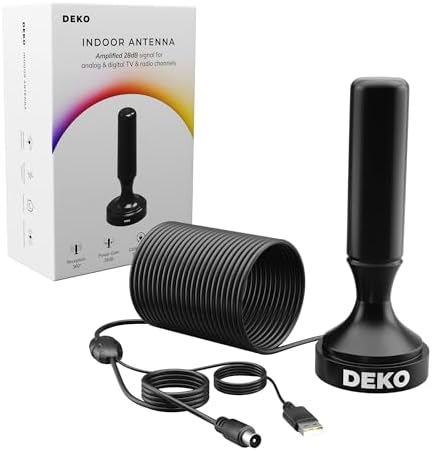 DEKO DVB-T2 Internal TV Antenna Amplified with Magnetic Base, 28dB, 360° Reception, Supports 4K/1080P HD Channels, 5M Coaxial Cable, for Smart TV and DVBT2 Receivers