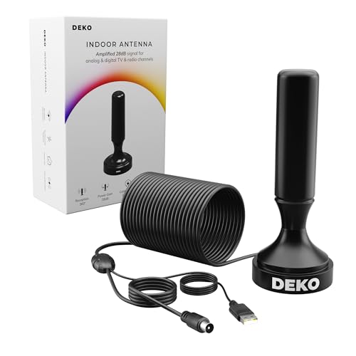 DEKO Antena DVB-T DVB-T2 con amplificador, antena interior HDTV para televisores, gran alcance y recepción de 360°, con base magnética, cable de 5 metros, soporta canales 4K HD y todos los